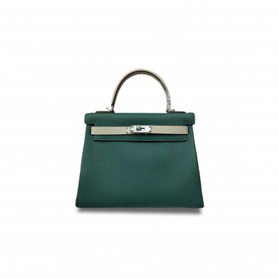 HERMÈS KELLY 25 TOGO COLOR MATCHING MALACHITE GREEN MILKSHAKE WHITE SILVER BUCKLE (25*17*7cm) 